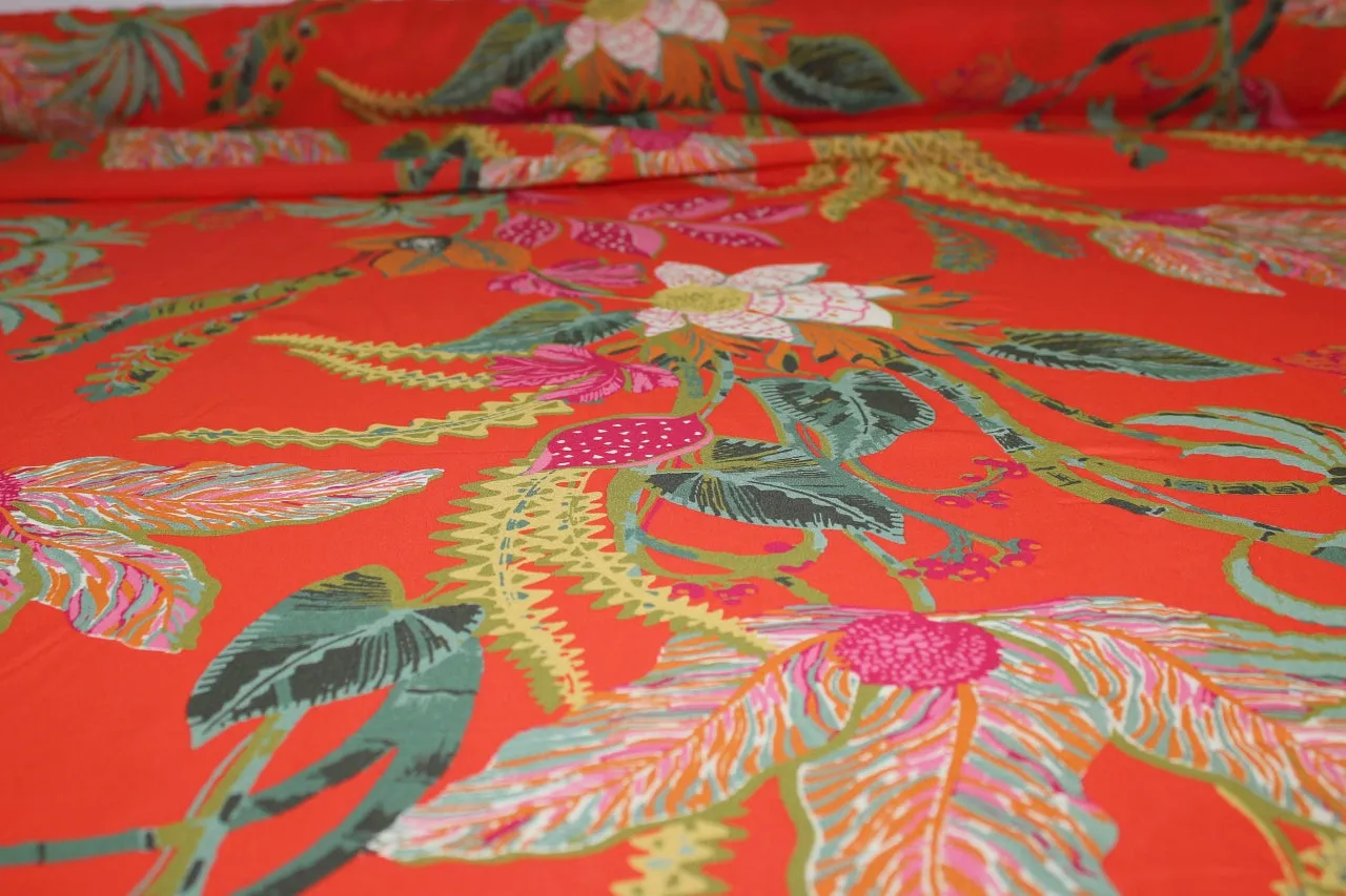 1 1/4  yard of Plantae Print Rayon Challis - Multi on Orange