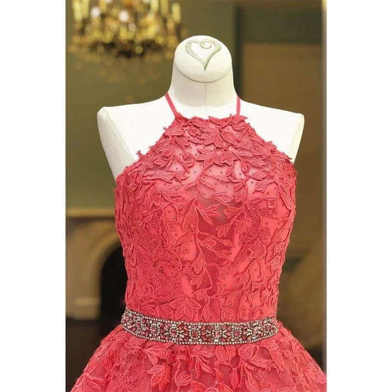 A-line Chic Halter Tulle Appliques Long Prom Dress Formal Evening Gowns