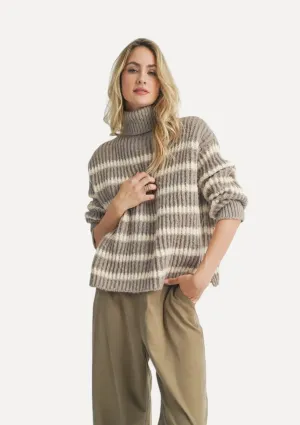 AKI Turtle Neck Striped Sweater - Moss Ivory