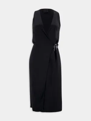 Black Crepe Satin Wrap Midi Dress