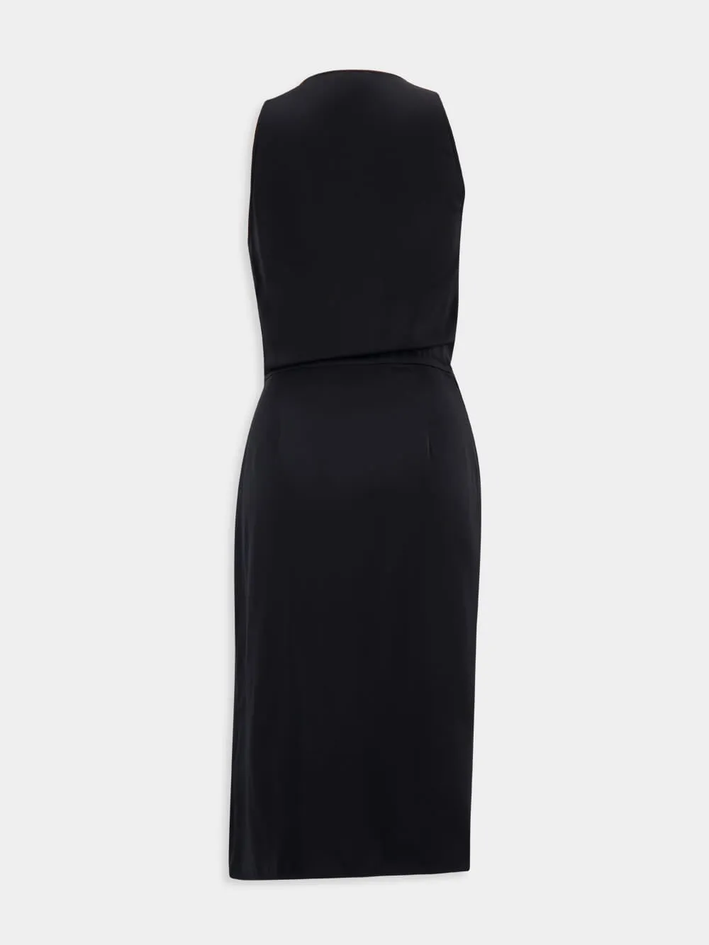 Black Crepe Satin Wrap Midi Dress