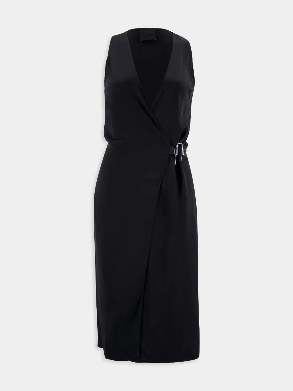 Black Crepe Satin Wrap Midi Dress
