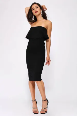 Black Frill Bandeau Tie Front Midi Dress