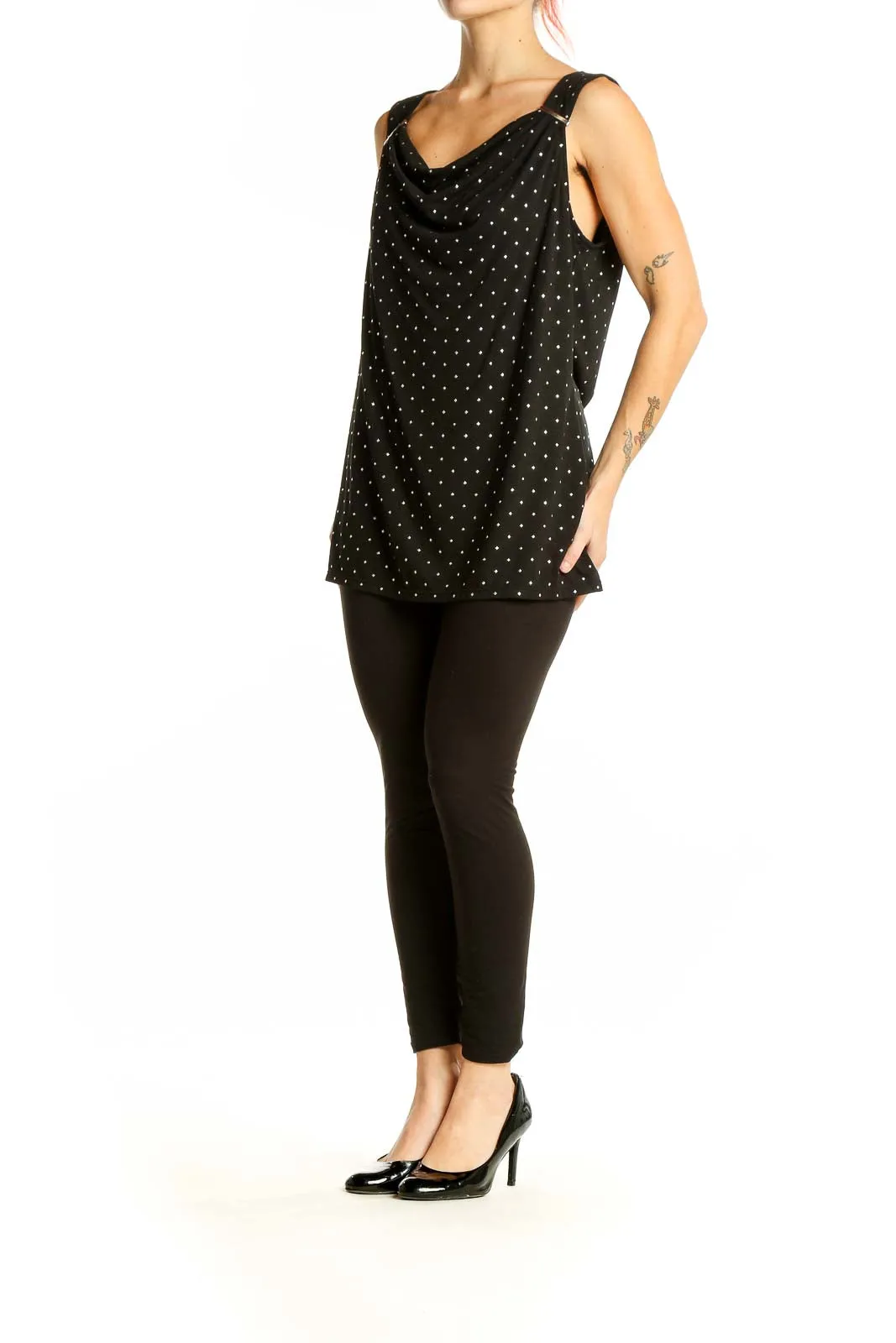 Black Polka Dot Sleeveless Cowl Neck Top