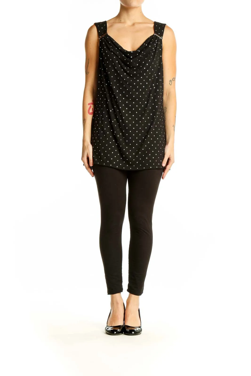 Black Polka Dot Sleeveless Cowl Neck Top