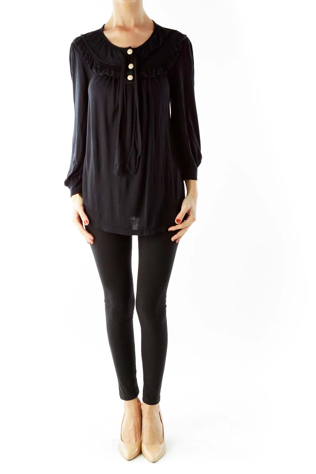 Black Three Quarter Sleeve Buttoned Bow Blouse