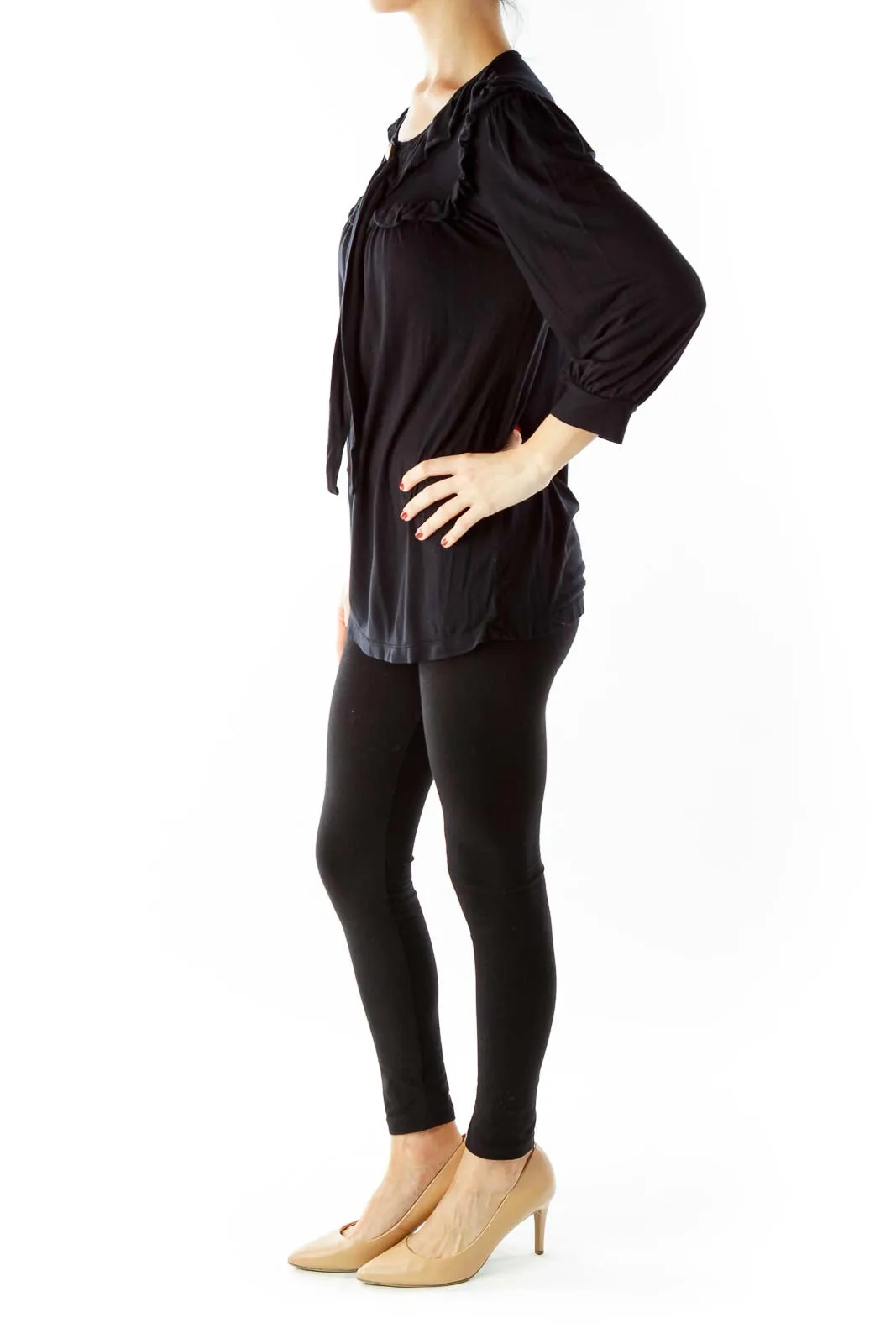Black Three Quarter Sleeve Buttoned Bow Blouse