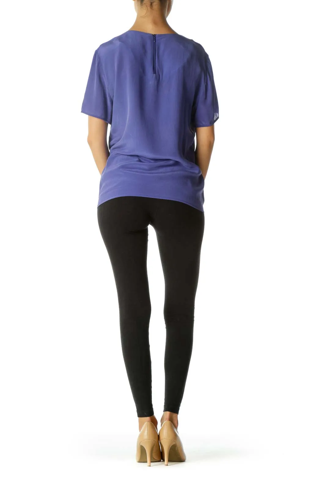 Blue Short Sleeve 100% Silk Blouse