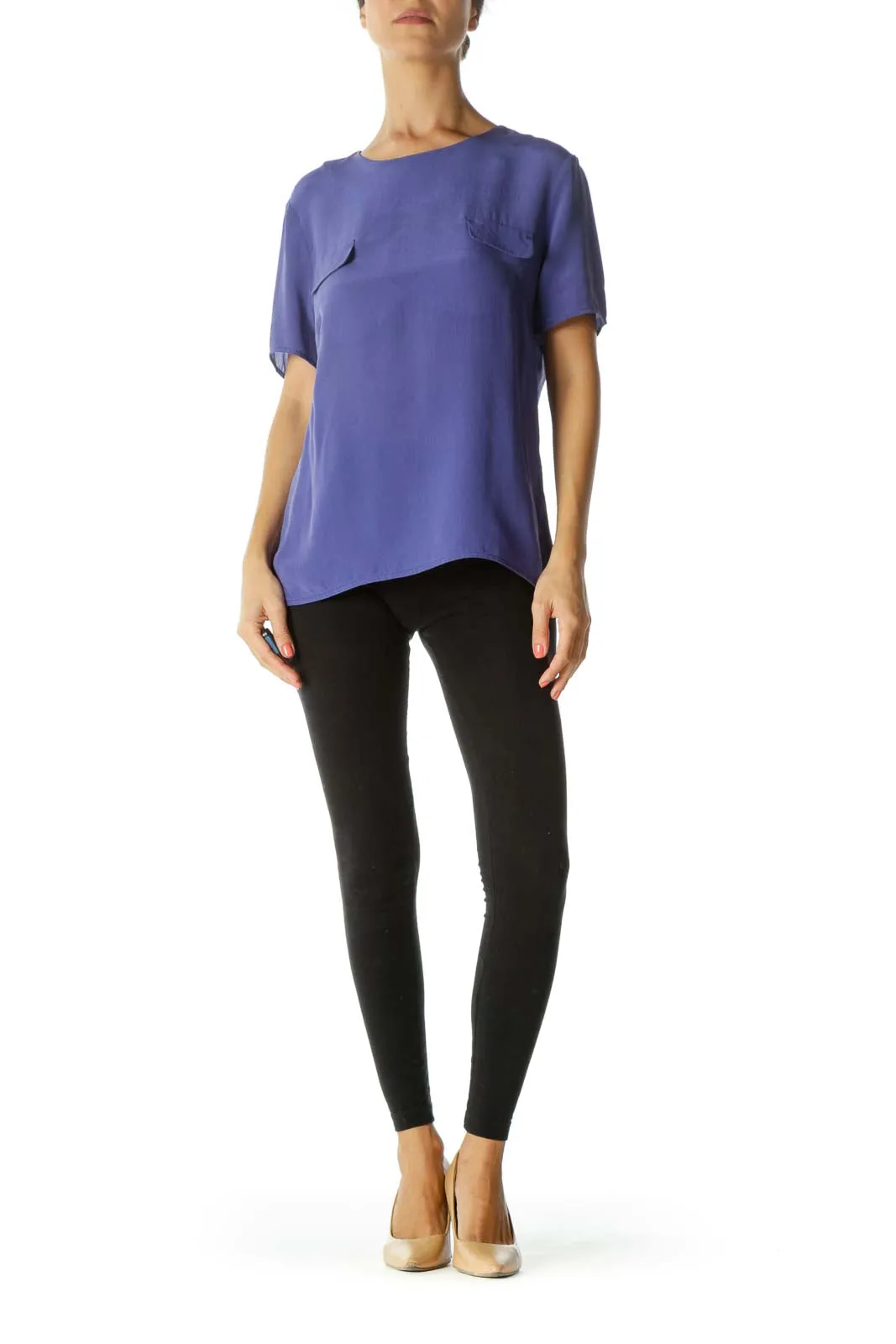 Blue Short Sleeve 100% Silk Blouse
