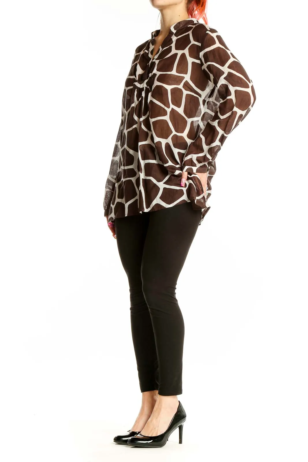 Brown Giraffe Print Silk Blend Blouse