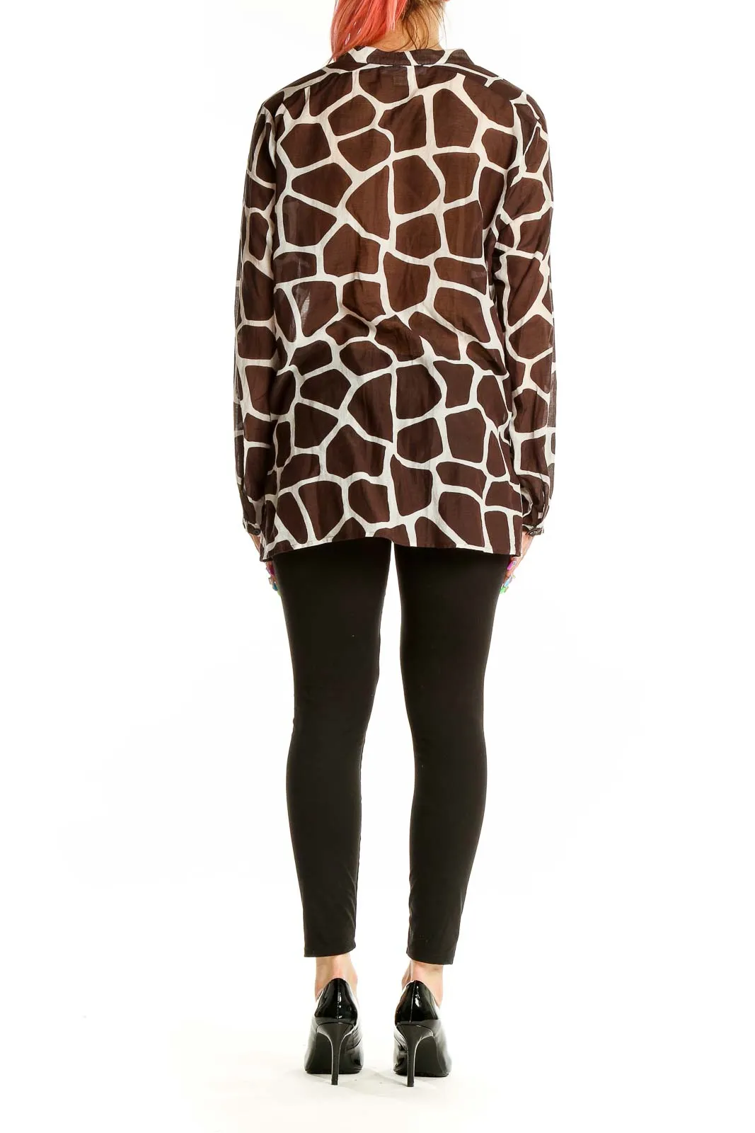 Brown Giraffe Print Silk Blend Blouse