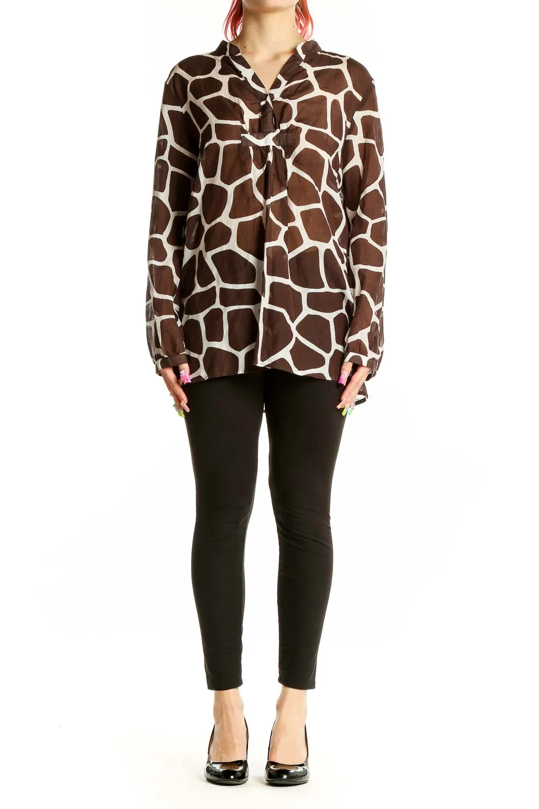 Brown Giraffe Print Silk Blend Blouse