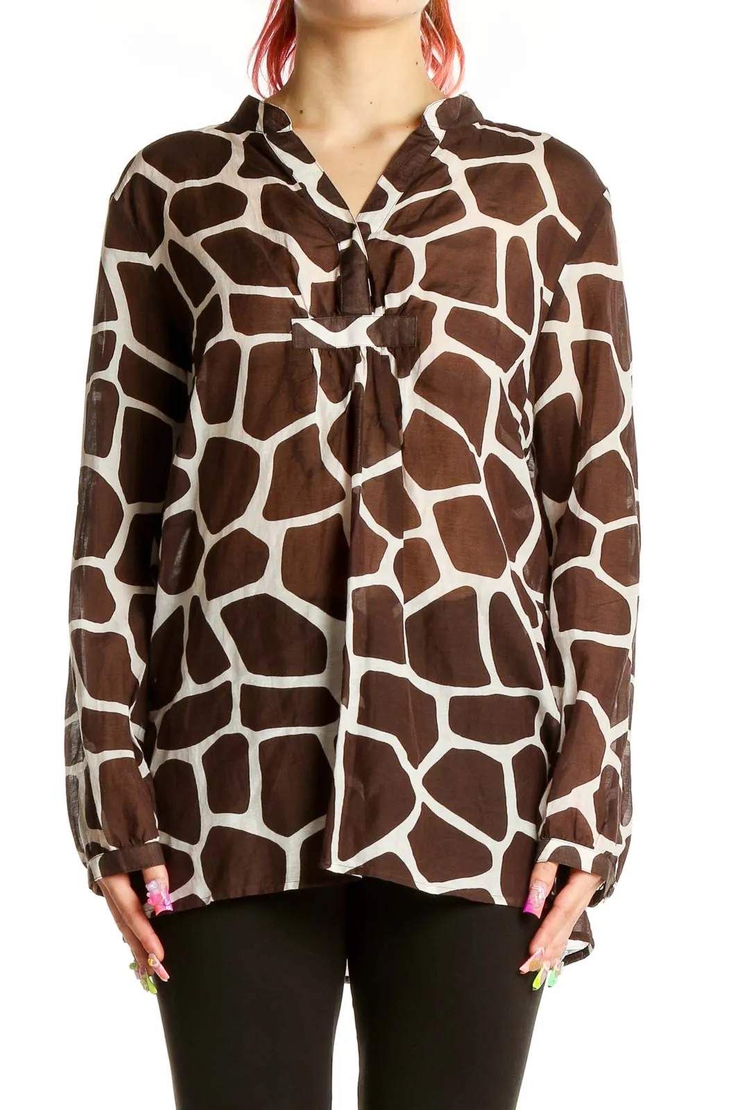 Brown Giraffe Print Silk Blend Blouse