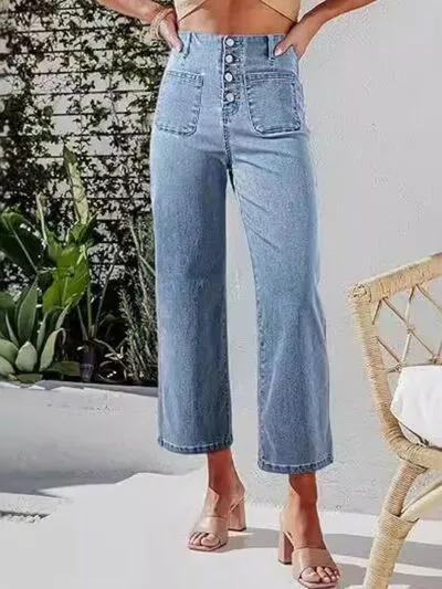 Capri Jeans for Women High Waist Cropped Pants Fly Cropped Jeans with Pockets