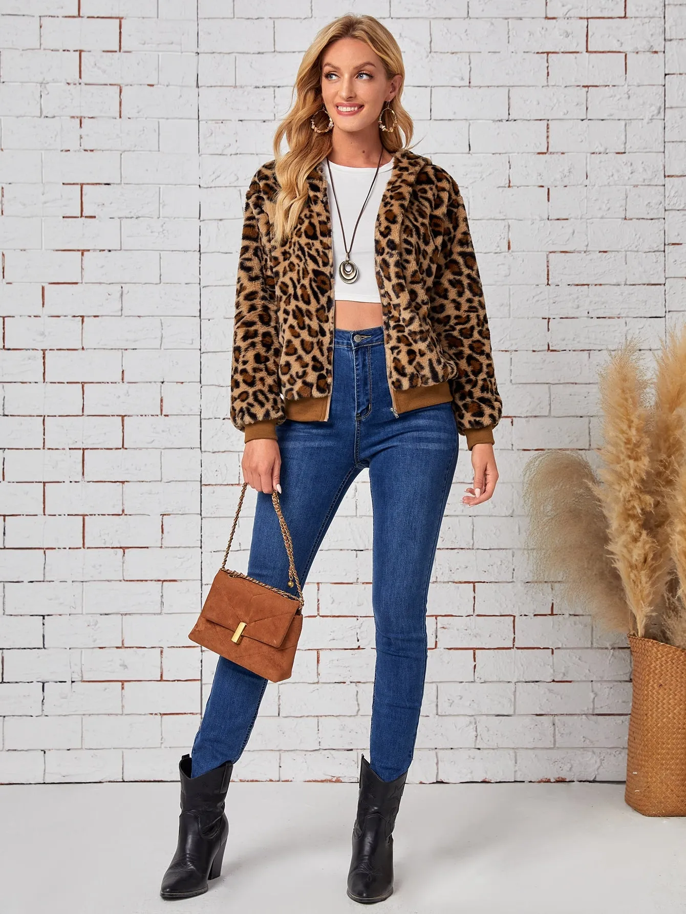 Casual Leopard Zipper Long Sleeve Hooded Regular Women Jacket