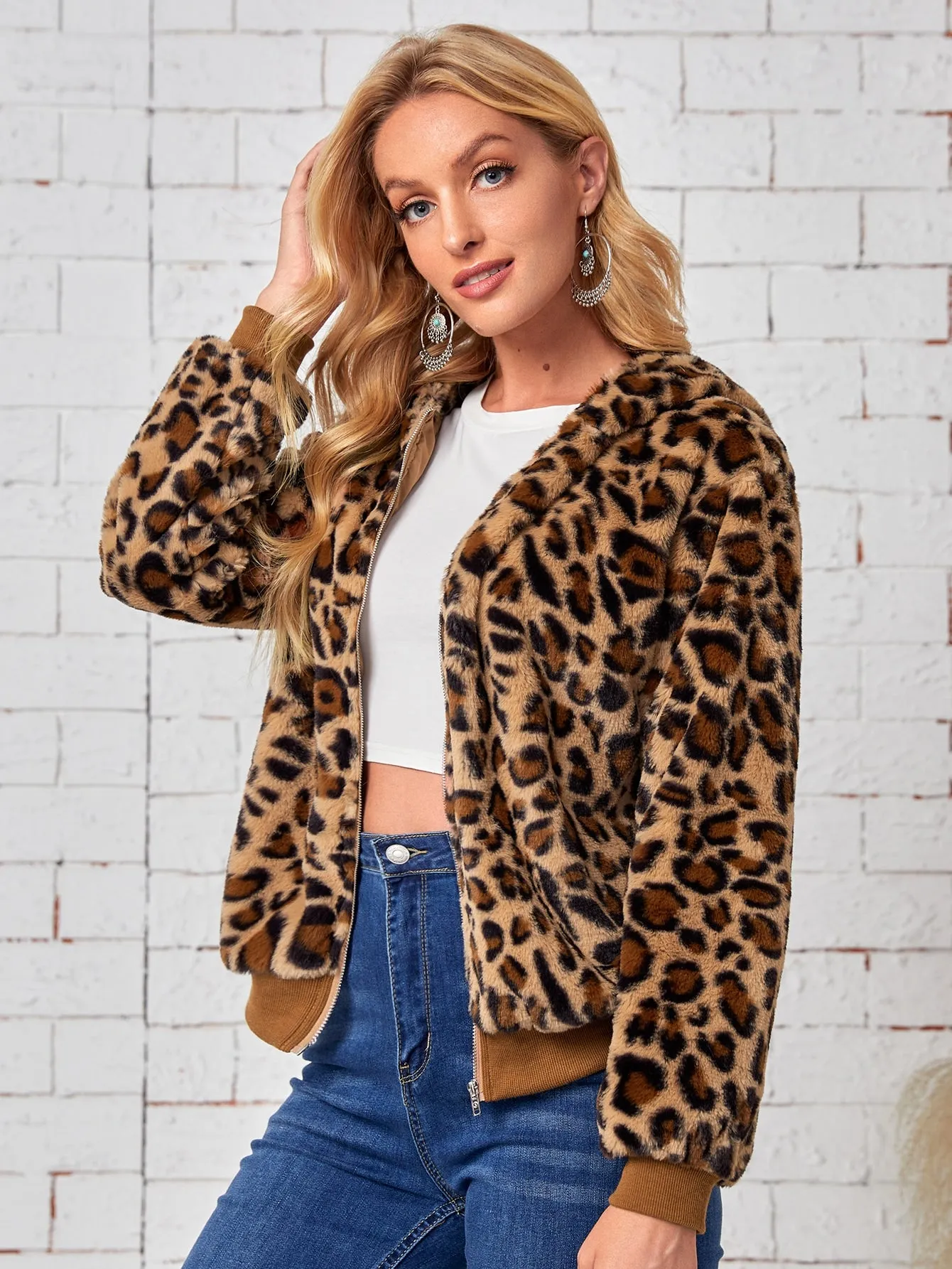 Casual Leopard Zipper Long Sleeve Hooded Regular Women Jacket