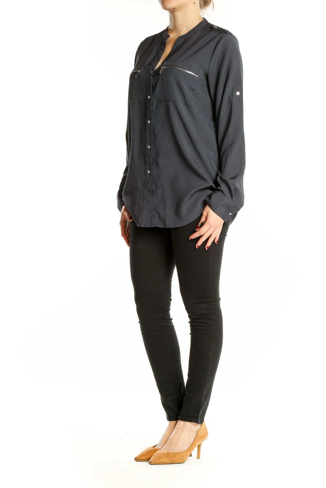 Charcoal Zip-Pocket Button-Down Blouse