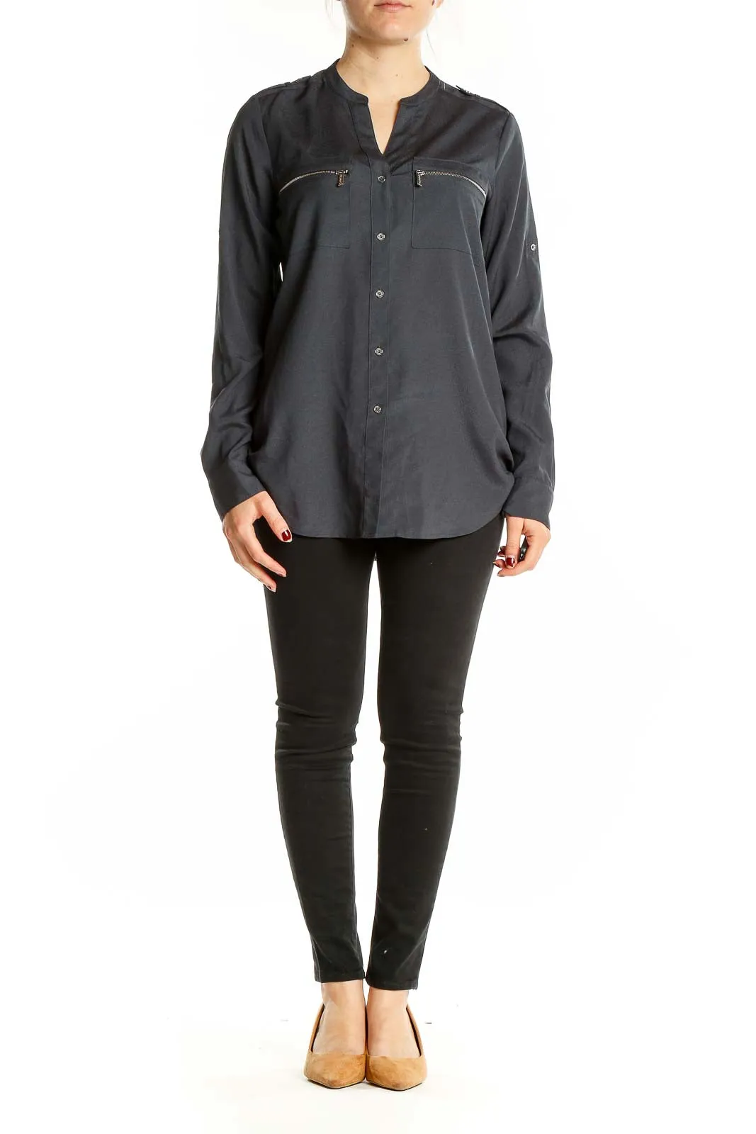 Charcoal Zip-Pocket Button-Down Blouse