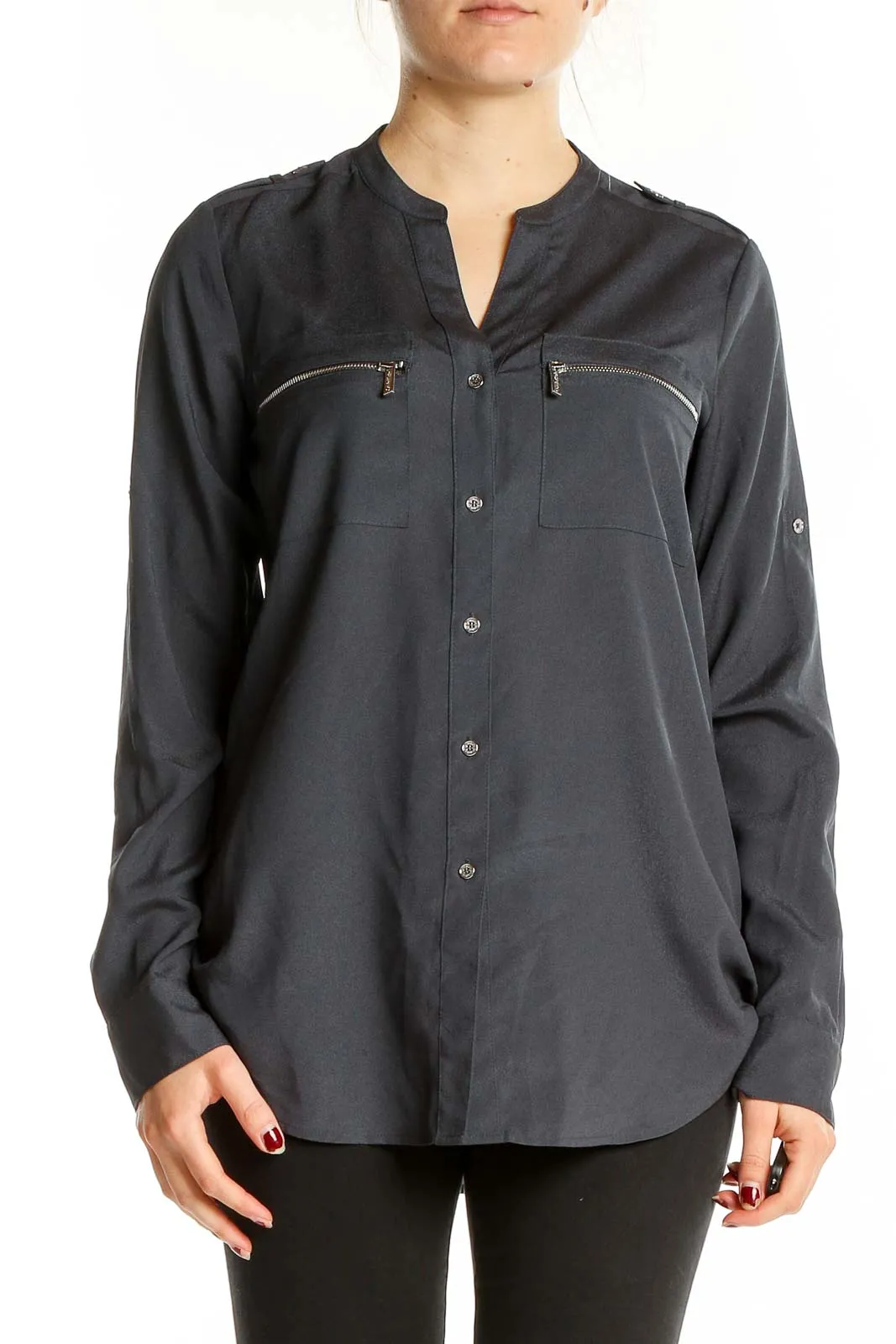Charcoal Zip-Pocket Button-Down Blouse