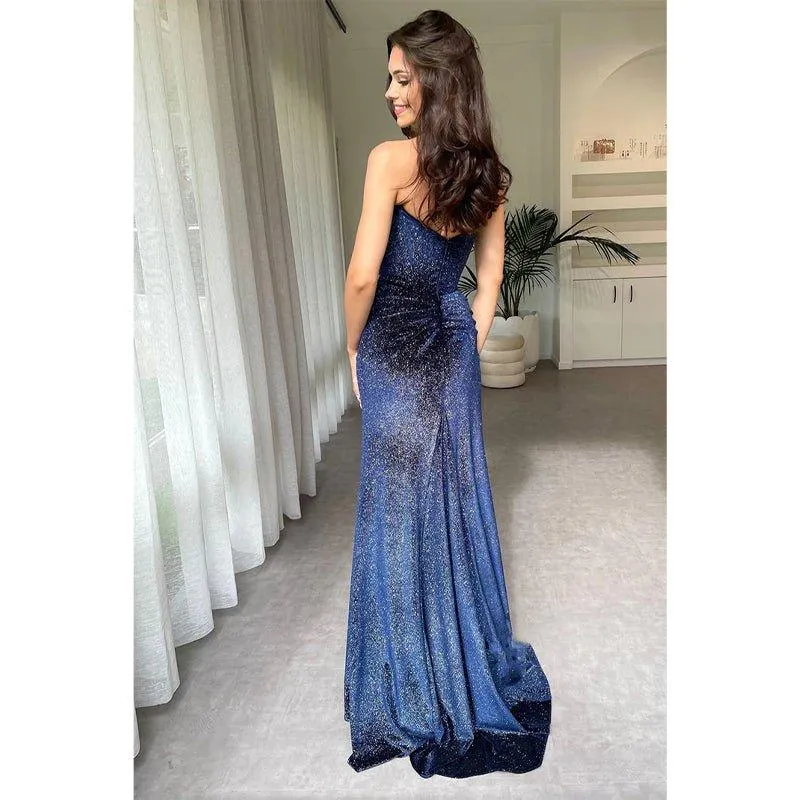 Chic & Modern Royal Blue Strapless Pleats Glitter Long Prom Evening Dresses