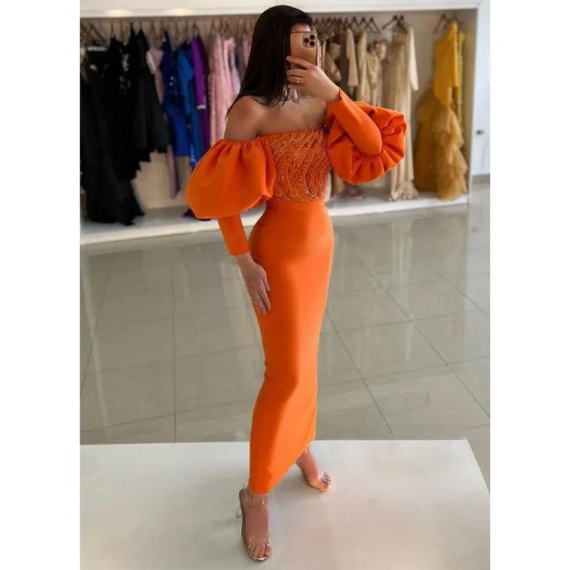 Chic & Sheath Off-shoulder Beaded Orange Puff Sleeves Long Gown Formal Dress