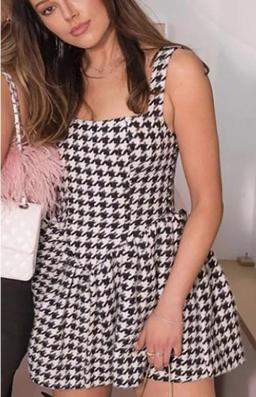 Chic Off-Shoulder Houndstooth Cocktail Dress with Sexy Backless Design