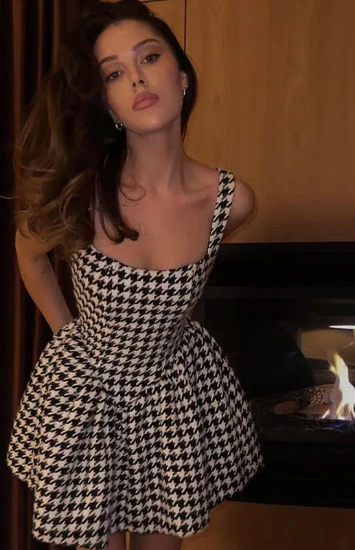 Chic Off-Shoulder Houndstooth Cocktail Dress with Sexy Backless Design