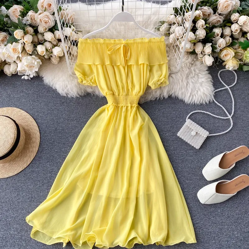 Chic Sweet Pleated Skirt Women Summer Ruffled Off The Shoulder Chiffon Skirt 1233