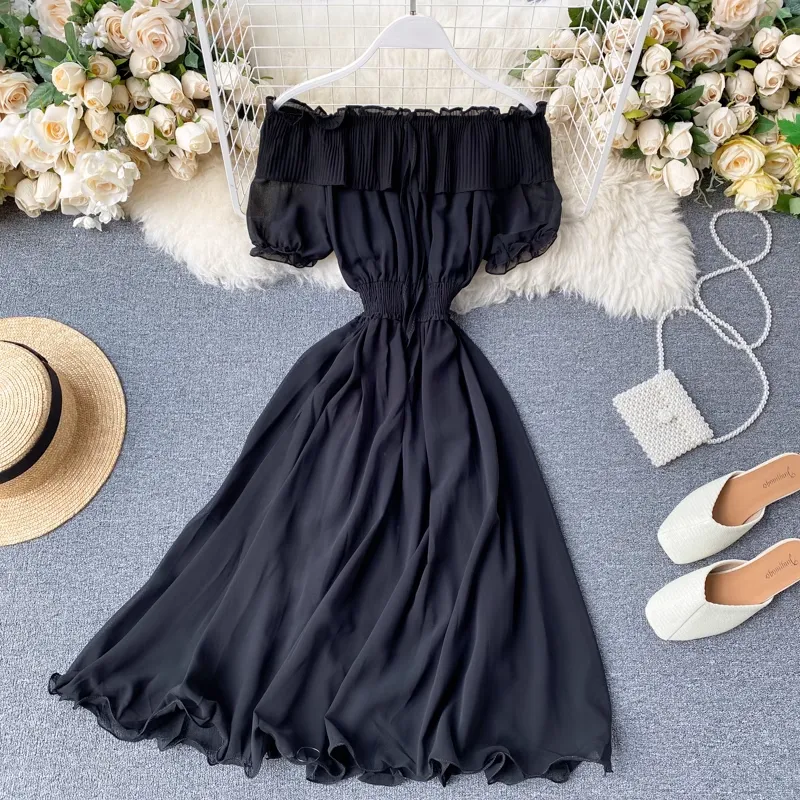 Chic Sweet Pleated Skirt Women Summer Ruffled Off The Shoulder Chiffon Skirt 1233