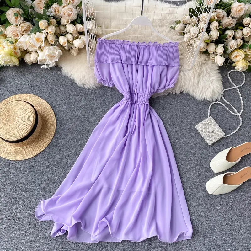 Chic Sweet Pleated Skirt Women Summer Ruffled Off The Shoulder Chiffon Skirt 1233