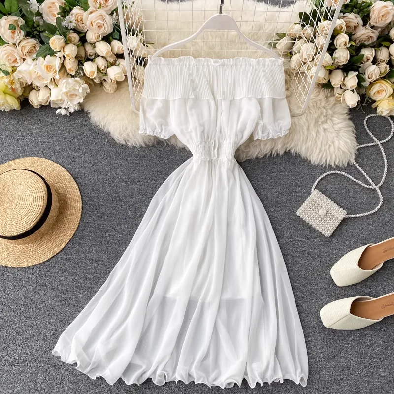 Chic Sweet Pleated Skirt Women Summer Ruffled Off The Shoulder Chiffon Skirt 1233