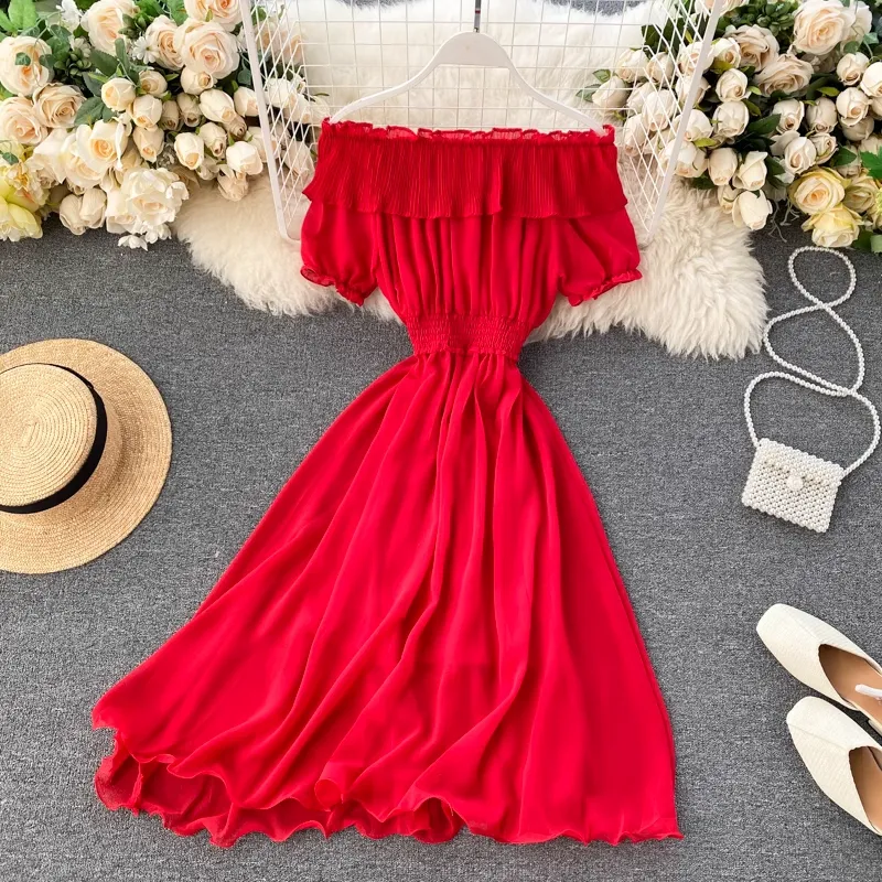 Chic Sweet Pleated Skirt Women Summer Ruffled Off The Shoulder Chiffon Skirt 1233