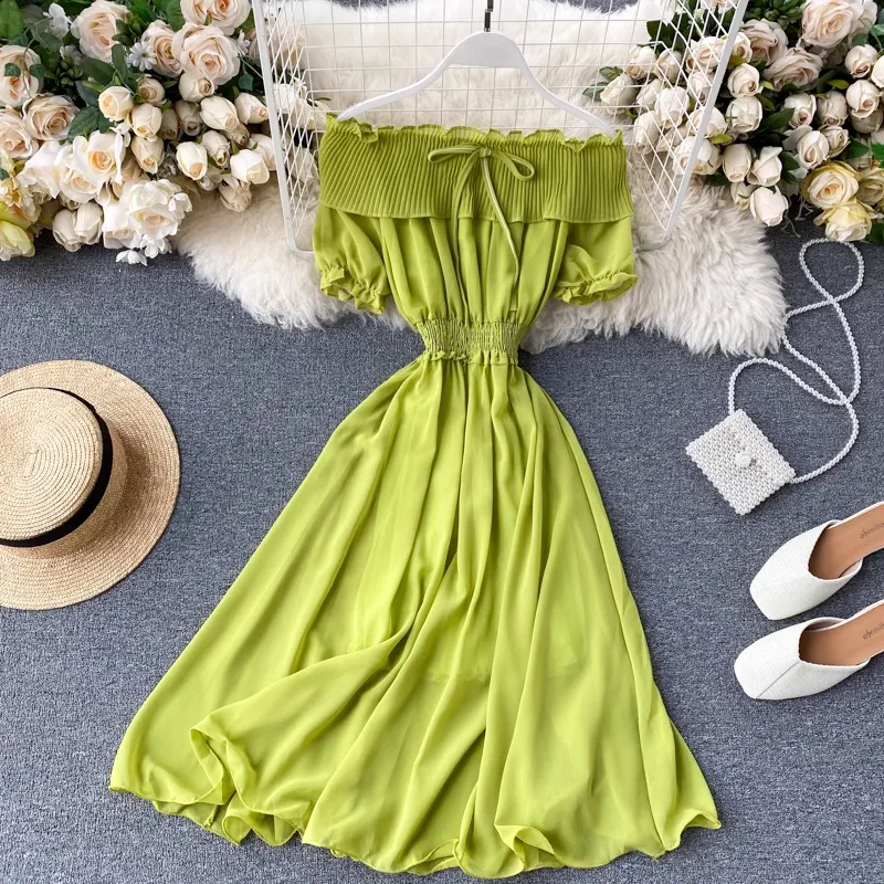 Chic Sweet Pleated Skirt Women Summer Ruffled Off The Shoulder Chiffon Skirt 1233
