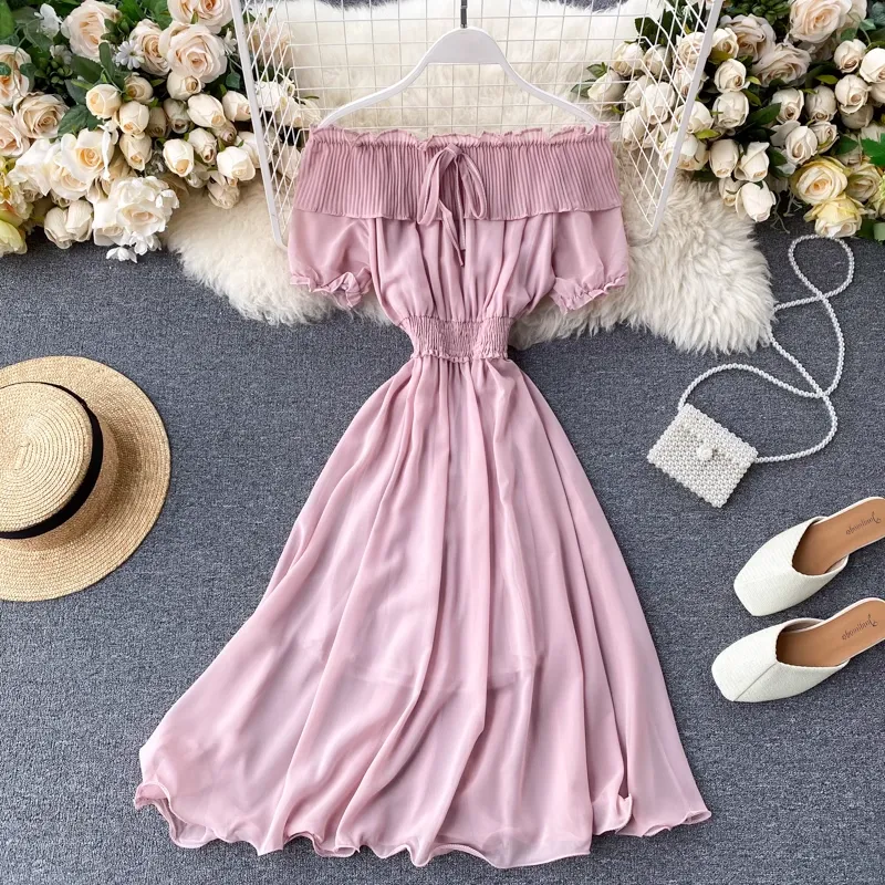 Chic Sweet Pleated Skirt Women Summer Ruffled Off The Shoulder Chiffon Skirt 1233