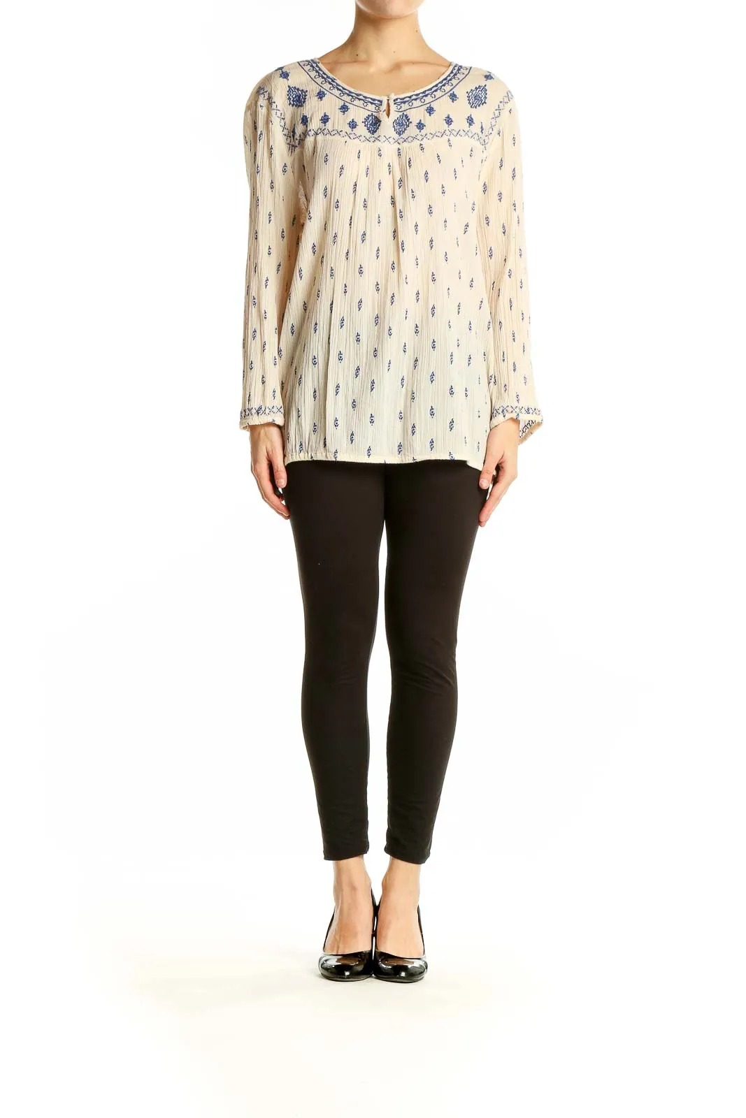 Cream Embroidered Cotton Peasant Top
