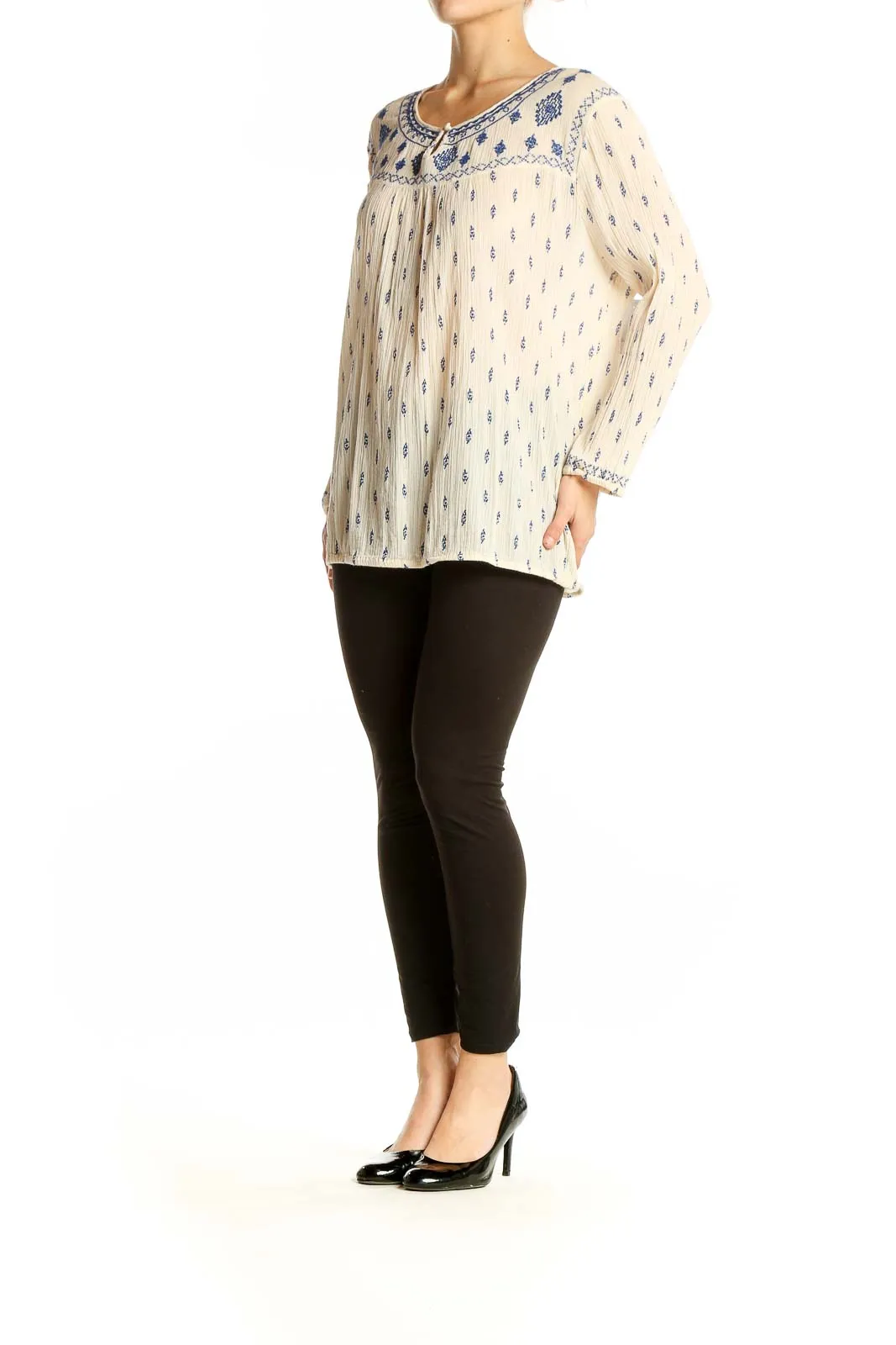 Cream Embroidered Cotton Peasant Top