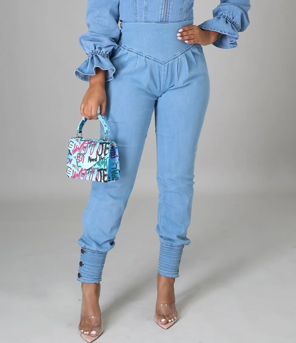 Denim Button Cuffed Pants