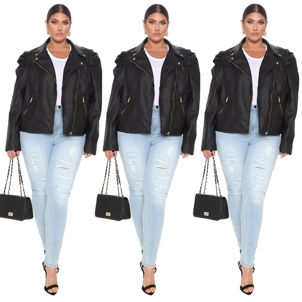 Faux Leather Zipper Puff Sleeve Jackets