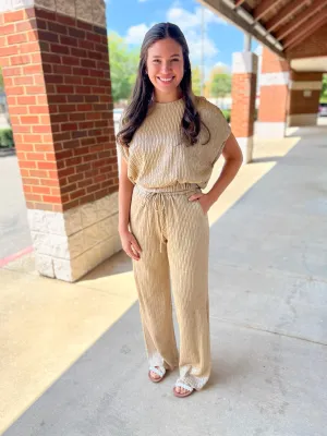 Flawless Beauty Taupe/Gold Crop Top and Flowy Pants Set