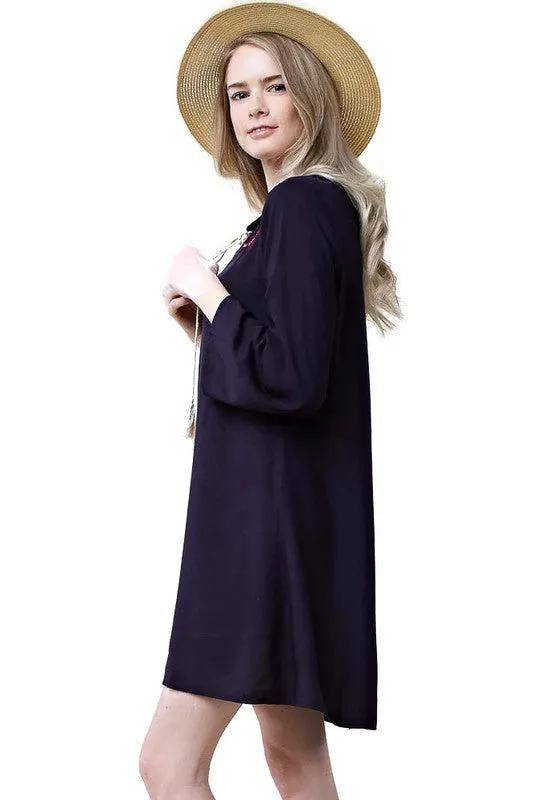 Floral Embroidered Shift Dress, Navy