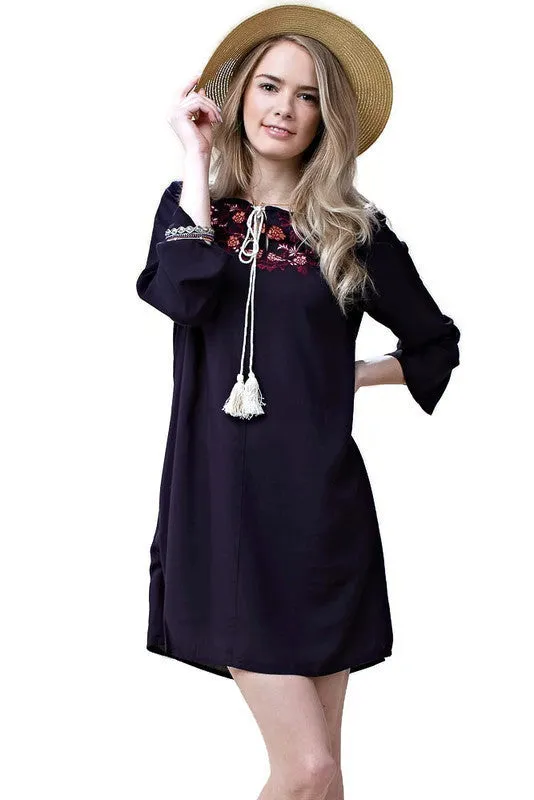 Floral Embroidered Shift Dress, Navy
