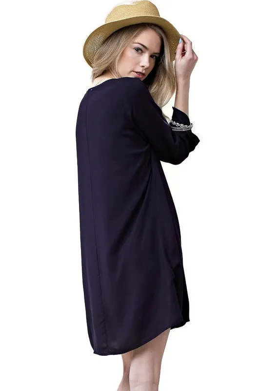 Floral Embroidered Shift Dress, Navy