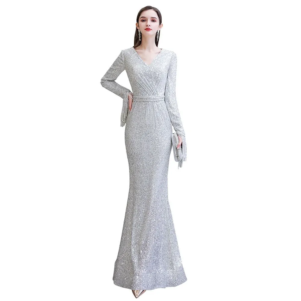 Gorgeous Sequins Long Sleeve V-Neck Mermaid Evening Gowns
