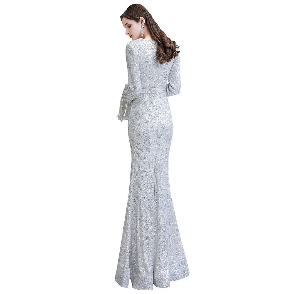 Gorgeous Sequins Long Sleeve V-Neck Mermaid Evening Gowns