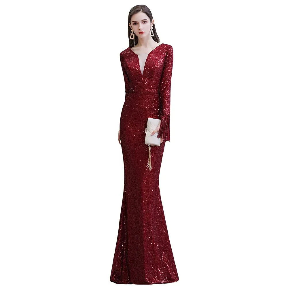 Gorgeous Sequins Long Sleeve V-Neck Mermaid Evening Gowns