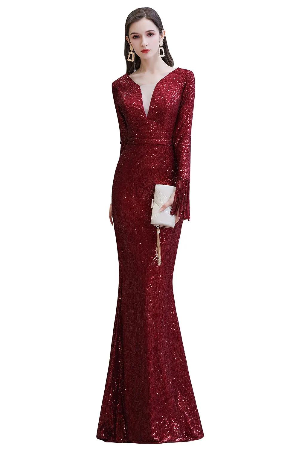 Gorgeous Sequins Long Sleeve V-Neck Mermaid Evening Gowns