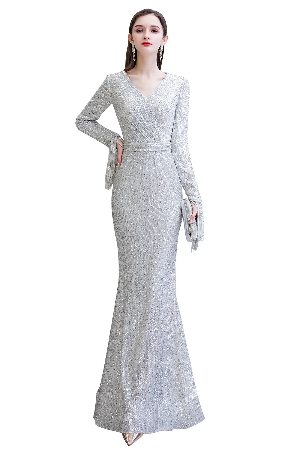 Gorgeous Sequins Long Sleeve V-Neck Mermaid Evening Gowns