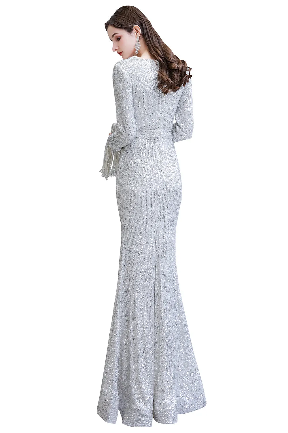Gorgeous Sequins Long Sleeve V-Neck Mermaid Evening Gowns