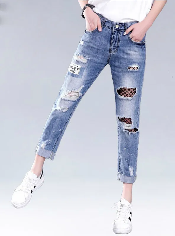 Hollow Out Ripped Jeans Female Black Mesh Jeans