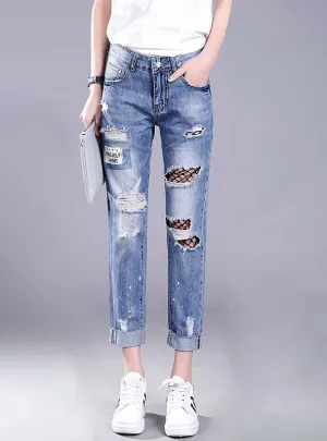 Hollow Out Ripped Jeans Female Black Mesh Jeans